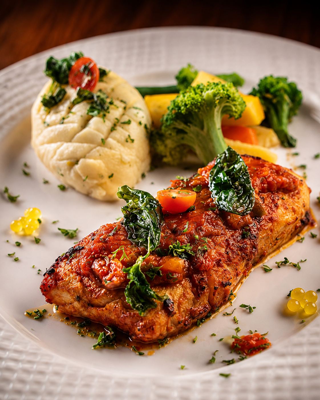 Grilled fish fillet with tomato relish