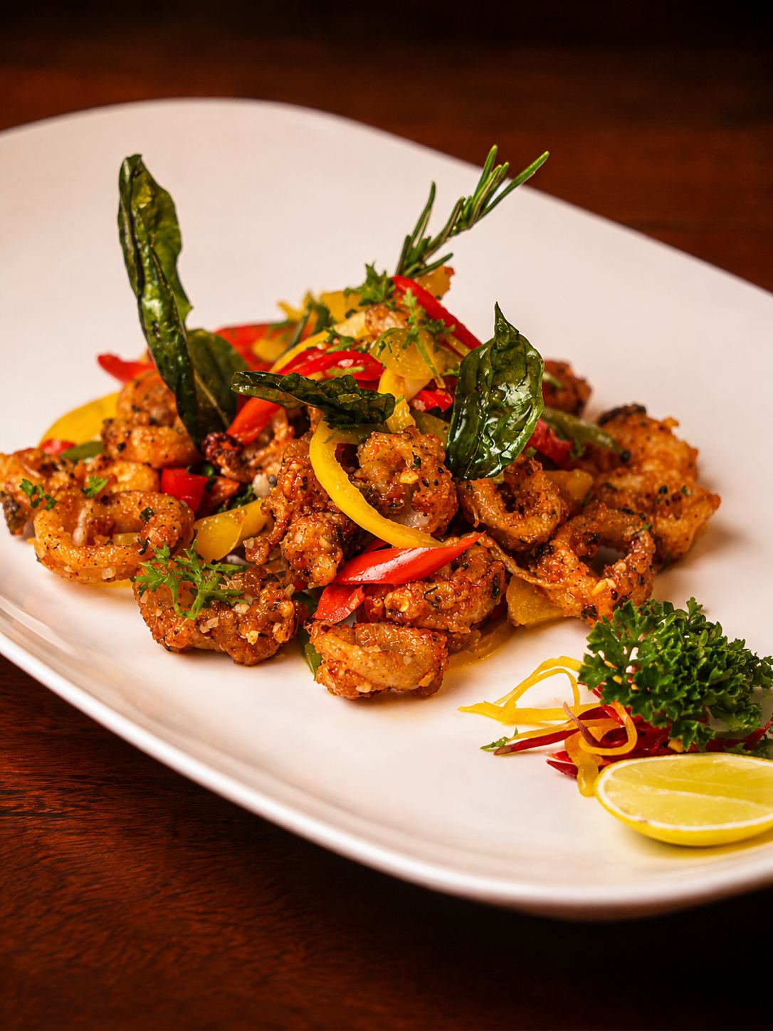 Spicy crispy shrimp with curry leaf
